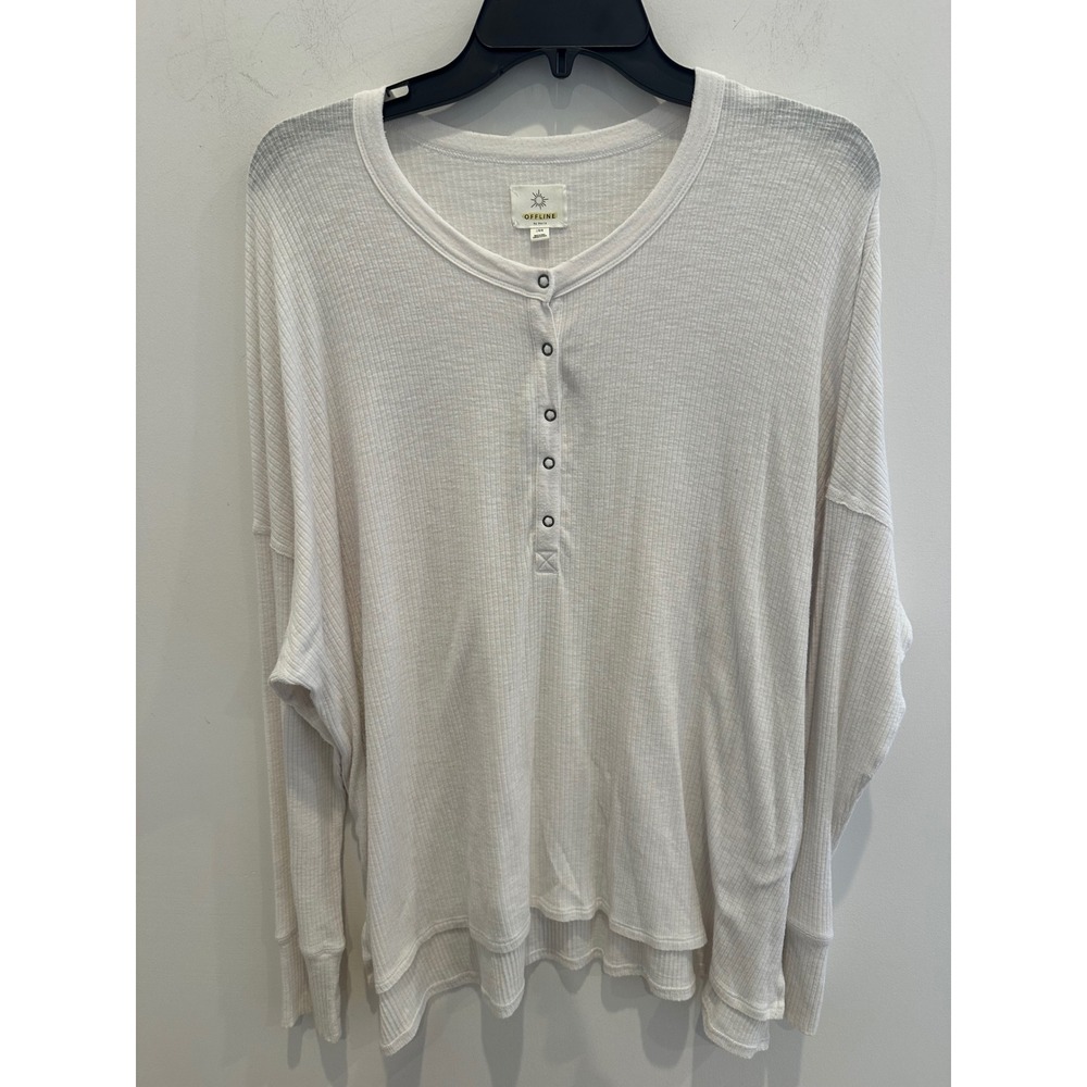 OFFLINE by Aerie Cream Ribbed Henley Top Long Sleeve Oversized Large comfy cozy